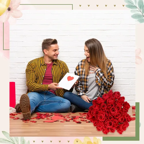 Miniatura 4 de Jexine Paquete de 16 ramos de rosas artificiales de seda falsas a granel para dama de honor, novia, boda, fiesta, jarrón floral (rojo)