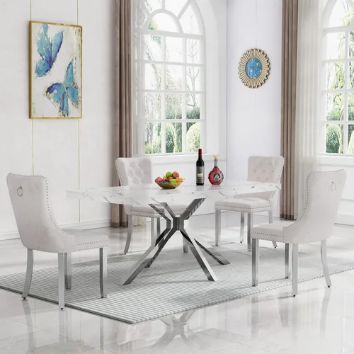 HomVent Juego de mesa de comedor rectangular para 4, juego de mesa de cocina rectangular, juego de mesa de comedor de mármol sintético, juego de