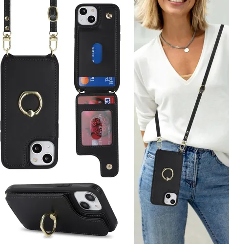 Miniatura 14 de Lipvina Funda para iPhone 13 Mini con tarjetero y correa para mujer, cordón cruzado, soporte de anillo con soporte, cierre a presión, bloqueo RFID