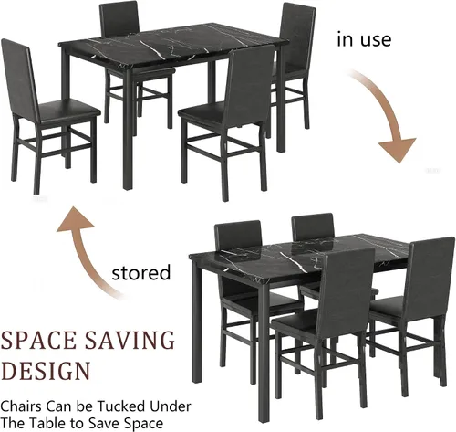 Miniatura 3 de Juego de mesa de comedor para 4, juego de comedor de mármol sintético de 5 piezas, 4 sillas tapizadas de poliuretano, muebles de mesa de cocina