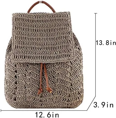 Miniatura 6 de Mochila tejida hecha a mano de paja mediana para mujer, con solapa, con cordón, bolsa de playa, Gris, Mochilas Daypack