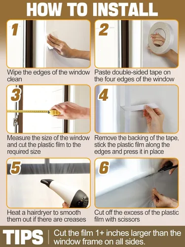 Miniatura 7 de Kit de aislamiento de ventana de 62×236 pulgadas para invierno - Endurecer plástico para 5 ventanas interiores para invierno, película retráctil