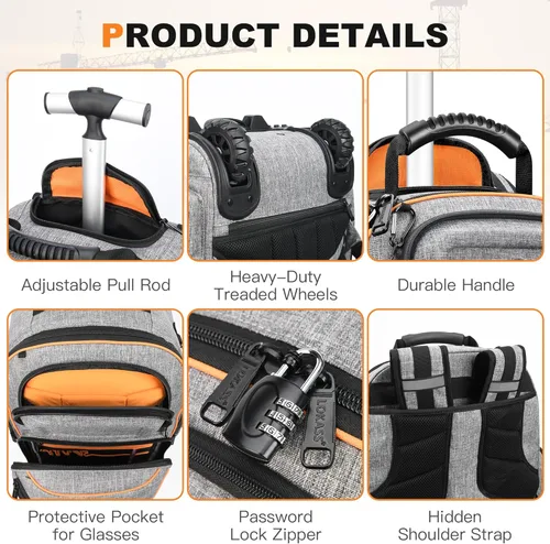 Miniatura 9 de Mochila de herramientas con rueda, mochila de herramientas rodante para electricistas, bolsa de herramientas resistente con rueda para trabajo