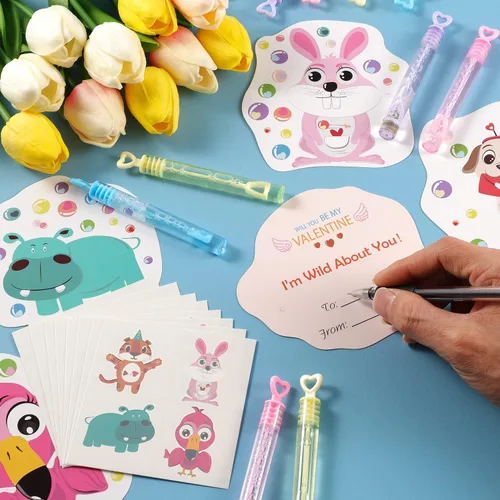 Miniatura 2 de Cartas de San Valentín para niños – 32 mini varitas de burbujas + 32 cartas de San Valentín para niños, 8 lindos diseños de animales