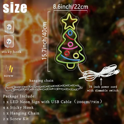 Miniatura 3 de Letrero de neón para árbol de Navidad, árboles de Navidad, letreros de neón LED para decoración de pared, luces de neón acrílicas alimentadas por