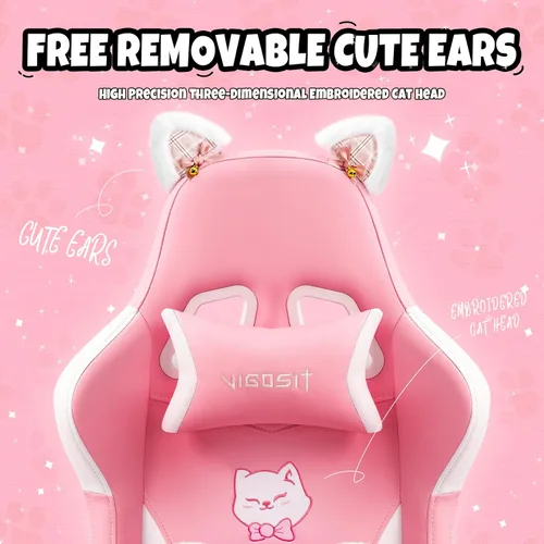 Miniatura 6 de Vigosit Silla de gamer rosa con reposapiés, silla ergonómica y linda para jugadores con orejas de gato, silla cómoda de escritorio y computadora