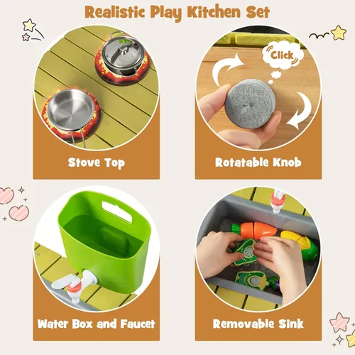 Miniatura 4 de Costzon Cocina de madera para niños, cocina de barro al aire libre con fregadero extraíble, caja de agua y grifo, parte superior de la estufa, Verde