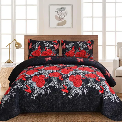Miniatura 9 de Yiran Juego de edredón floral gris aguamarina, tamaño Queen, colchas botánicas de verano, juego de ropa de cama de 3 piezas, colcha ligera