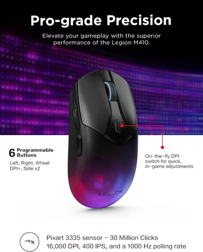 Miniatura 4 de Lenovo Legion M410 Mouse Inalámbrico RGB para Juegos – Mouse de 6 Botones con Agarre Palmar con 16,000 DPI, Batería Recargable de 53 Horas