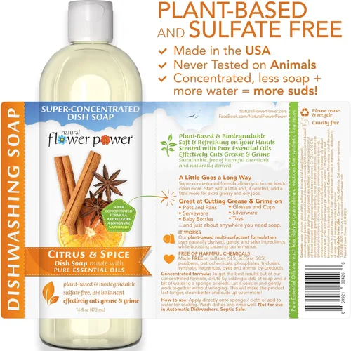Miniatura 2 de Natural Flower Power Jabón líquido para platos, cítricos y especias, a base de plantas y perfumado con aceites esenciales puros, detergente líquido