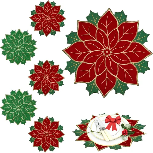 Breling Juego de 6 Manteles Individuales de Navidad de Poinsettia de 16 Pulgadas Redondos Rojos y Verdes con Flores de Poinsettia, Manteles de Mesa