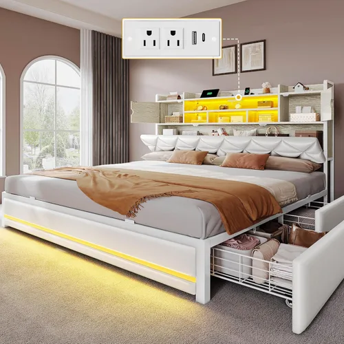 Miniatura 10 de DWVO Base de cama tamaño Queen con luces LED RGB y cabecera de estantería de almacenamiento, cama tapizada con estación de carga y 4 cajones,