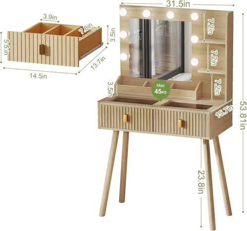 Miniatura 3 de GOODONE Tocador acanalado con luces de bombilla de espejo, escritorio de maquillaje con 2 cajones y estantes de almacenamiento, escritorio de Roble