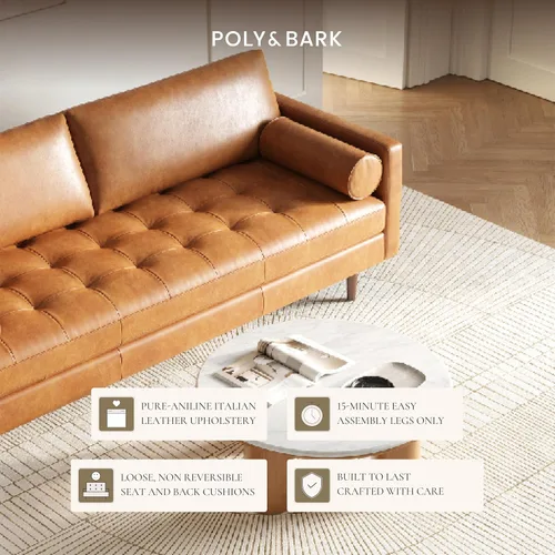 Miniatura 5 de POLY & BARK Napa - Sofá de cuero de 72 pulgadas, piel de anilina curtida italiana de grano completo, comodidad de plumón, marco de madera maciza