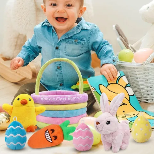 Miniatura 3 de Primer juego personalizado de relleno de cesta de Pascua para bebé, 7 unidades, conejito de peluche de huevo, zanahoria para bebés, niñas, niños
