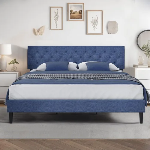 Miniatura 7 de HOMBCK Marco de Cama Queen con Cabecera Capitoné con Botones, Marco de Cama de Plataforma Tapizada Azul, Tela Suave/Soporte de Listones de Madera/No