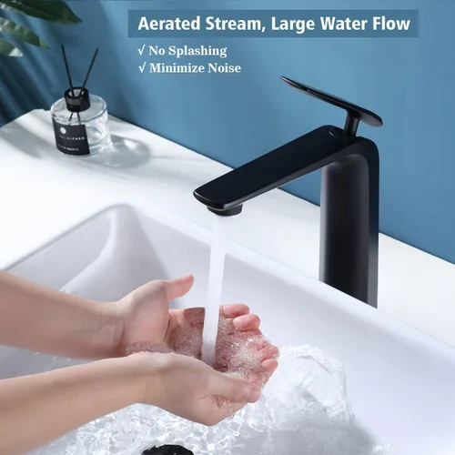Miniatura 4 de TOCALOCA Grifo de baño negro alto para lavabo de baño, grifo de lavabo de baño negro mate, manija única 1 agujero mezclador de agua fría y caliente