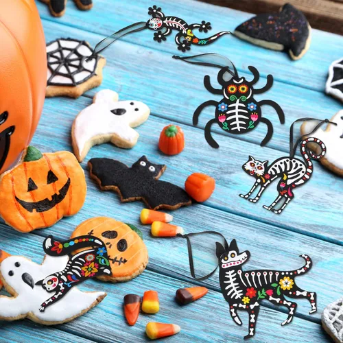 Miniatura 5 de CCINEE 24Pcs Dia De Los Muertos Felt Ornaments, Mexcian Skeleton Halloween Ornaments for Day of The Dead Themed Party School Bags Indoor Outoor Tree