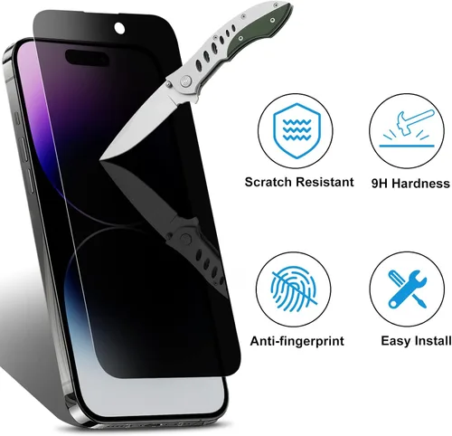 Miniatura 4 de Esanik [Paquete de 3+2] Protector de pantalla de privacidad para iPhone 14 Pro Max de 6.7 pulgadas, vidrio templado antiespía + protector de lente