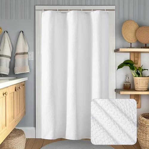 Miniatura 31 de OWENIE Cortina de ducha blanca para baño, 96 pulgadas, extra larga, elegante cortina de ducha de tela texturizada en relieve 3D, repelente al agua