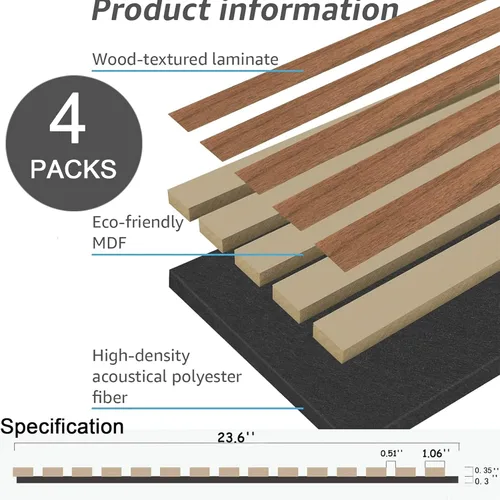 Miniatura 4 de 4 piezas de paneles acústicos de listones de madera, panel de pared de madera acanalada 3D absorbente de sonido para pared y techo, paneles Nogal