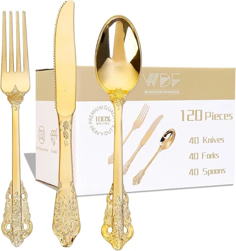 WDF 120 cubiertos de plástico dorado – Juego de cubiertos desechables de plástico dorado resistente – 40 tenedores, 40 cucharas, 40 cuchillos,