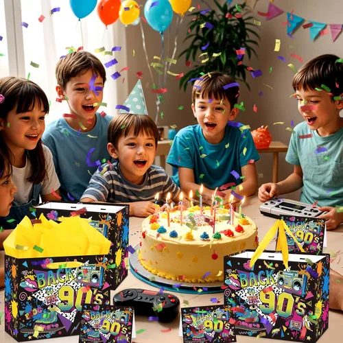 Miniatura 3 de Bolsa de regalo de cumpleaños de los años 90 para hombres y mujeres, bolsas de recuerdos de fiesta temática retro de los años 90 con papel de seda