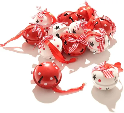 Miniatura 5 de Cascabeles de Navidad, 12 campanas artesanales con copo de nieve para adornos de corona de árbol, decoraciones navideñas de bricolaje (blanco y rojo)