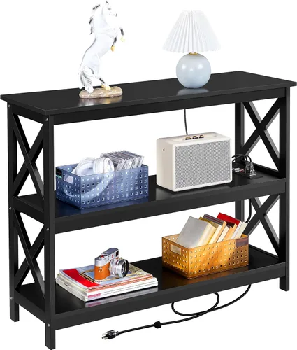 Yaheetech Mesa de entrada con estantes de almacenamiento, mesa consola con tomas de corriente y puertos USB, mesas de sofá estrechas de madera con