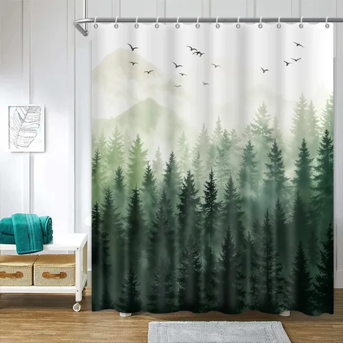 Miniatura 9 de Cortina de ducha de bosque natural, diseño de pino, paisaje de árbol de pino negro, cortina de bañera decoración de baño, tela de poliéster