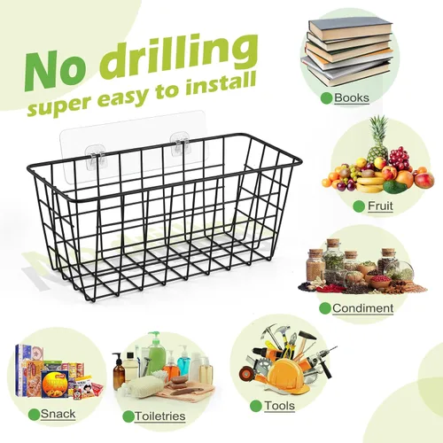 Miniatura 3 de ZUSHALLMY Paquete de 2 cestas de cocina colgantes, cesta de almacenamiento de pared de alambre adhesivo, cestas de frutas colgantes sin perforar