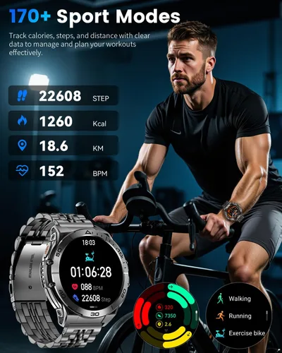 Miniatura 5 de Reloj inteligente militar para hombres, pantalla AMOLED de 1.60 pulgadas siempre encendida, 600 mAh (7 a 10 días), linterna LED, llamada Bluetooth