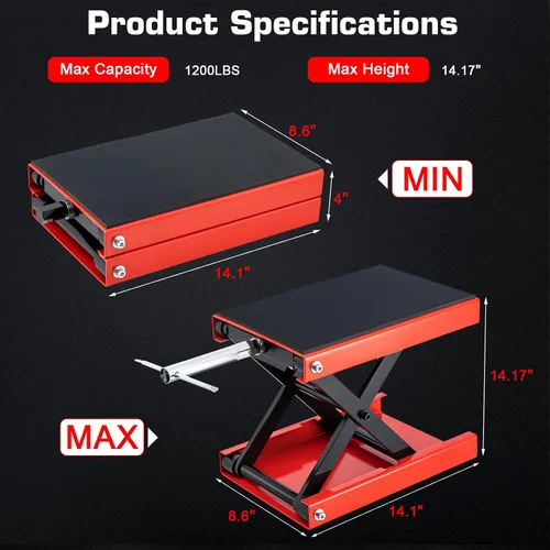 Miniatura 4 de Gato de motocicleta de 1200 libras, soporte de elevación de motocicleta para motocross, ATV, gato de tijera con manivela y barra disyuntora (rojo)
