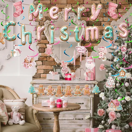 Miniatura 5 de Newwiee 38 piezas de pancartas colgantes de remolinos colgantes de Navidad de color rosa pastel de pan de jengibre, decoración de arroyos colgantes