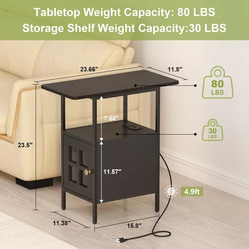 Miniatura 2 de Mesa Auxiliar Estrecha Estilo Granja con Estación de Carga - Mesa Lateral de 3 Niveles con USB y Enchufes, Mesa de Noche Compacta de Almacenamiento