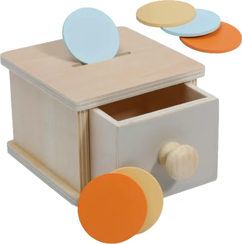 Caja de Monedas Montessori, Juguetes Montessori para Niños de 1 Año, Monedas para Bebés, Juego de Madera, Bola de Madera, Cajón Infantil, 1+