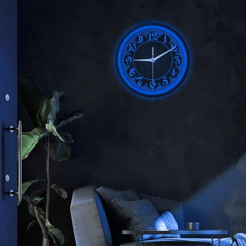 Miniatura 7 de The Geeky Days Reloj de pared con diseño retro con números arábigos LED azules con iluminación de neón para dormitorio, sala de estar, decoración
