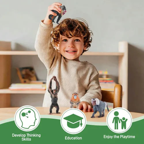 Miniatura 7 de Toymany 6 figuras de primates, juego de animales de mono de la selva de plástico, incluye mono, simio, chimpancé, gorila, juguetes para niños
