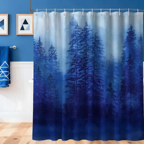 Miniatura 11 de Cortina de ducha estrecha para hombre, diseño de bosque negro y gris, para casa rodante, juego de decoración de baño, tela impermeable con ganchos