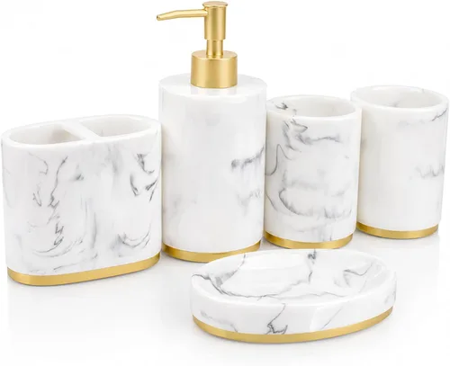 Juego de accesorios de baño de 5 piezas, juego de baño de resina de mármol con dispensador de jabón, soporte para cepillos de dientes, jabonera y