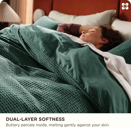 Miniatura 5 de Bedsure - Funda de edredón de algodón tamaño King - 100% algodón de tejido gofre color verde bosque, juego de ropa de cama GentleSoft™ transpirable
