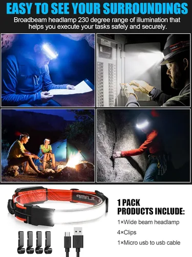 Miniatura 6 de Linterna frontal LED, 1000 lúmenes, 230°, luz de haz ancho, lámpara frontal recargable por USB con luz trasera roja, faros ligeros e impermeables