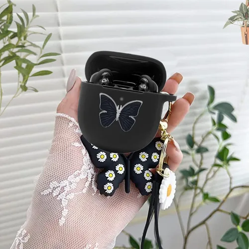 Miniatura 2 de Funda para auriculares Bose QuietComfort II 2022, lindo dije de mariposa de dibujos animados de silicona suave para mujeres, niñas y hombres, Negro