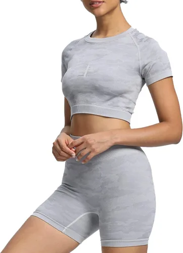 Aoxjox Traje de yoga para mujer, sin costuras, 2 piezas, entrenamiento, gimnasio, adaptado, pantalones cortos de cintura alta con brasier deportivo