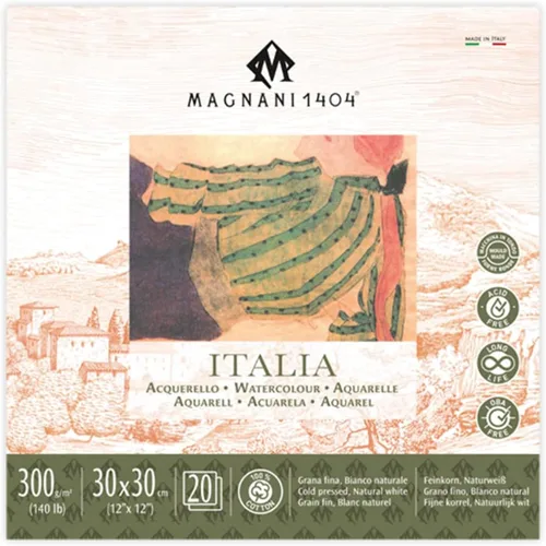 Magnani 1404 Italia Cold Press - Bloc de papel de acuarela 100% algodón, 20 hojas, 12 x 12, 140 libras, sin ácidos, resistente a los rayos UV,