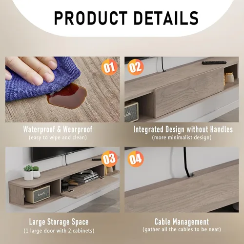 Miniatura 6 de Estante flotante para TV, armario de TV montado en la pared de 48 pulgadas, estantes flotantes con puerta, centro de consola multimedia