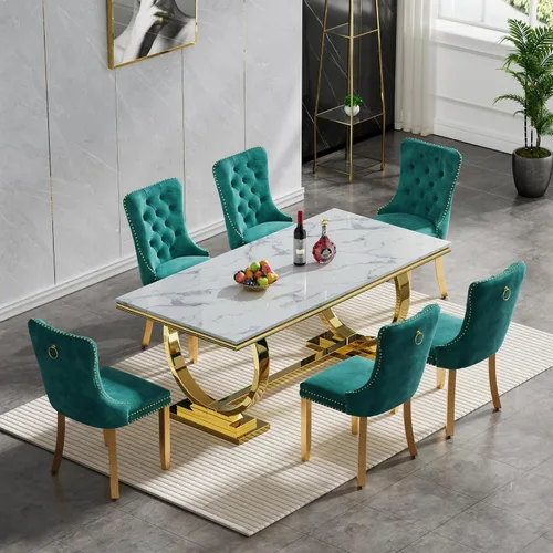 Miniatura 26 de Juego de mesa de comedor de mármol de 5 piezas para 4, mesa de cocina de lujo de 68 pulgadas de mármol negro dorado con 4 sillas tapizadas