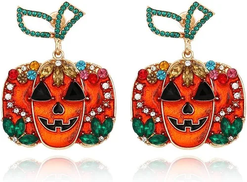 Aretes de calabaza de Halloween para mujer, aretes colgantes de calabaza de cristal rojo, gato negro, calabaza roja, aretes de calabaza de Acción de