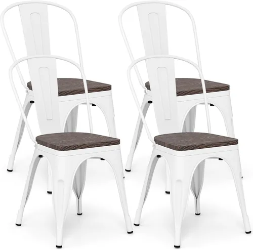 COSTWAY Tolix - Sillas de comedor estilo industrial, apilables, de metal, con asiento de madera, juego de 4 (color blanco y marrón)