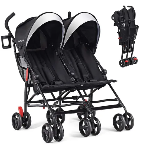 Miniatura 10 de BABY JOY Cochecito Doble con Paraguas, Cochecito de Viaje Ligero Lado a Lado para Gemelos con Gran Almacenamiento, Portavasos, Arnés de Seguridad